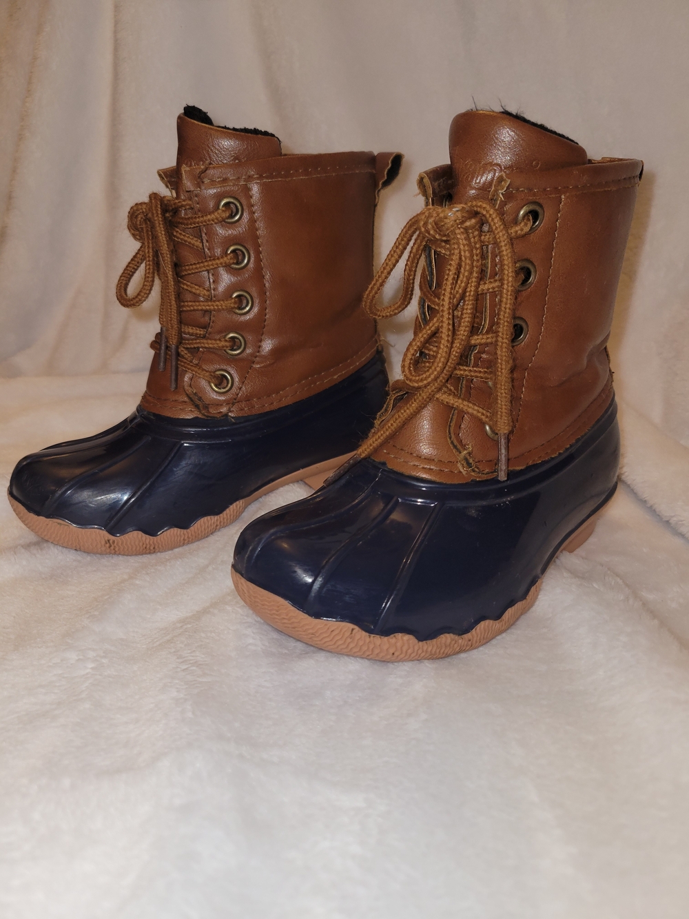 Kids Brown Blue Faux Leather Duck Boots Lace-Up Round Toe Ankle US 9